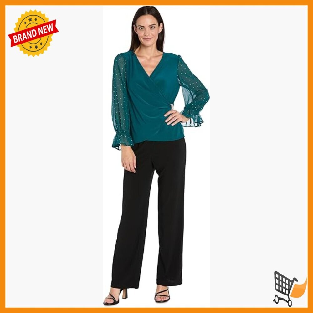 Formal Blouse with Studded Sleeves Rhinestone Clasp Faux Wrap